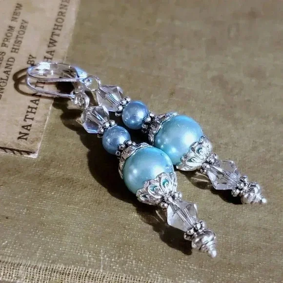 Light Blue Glass Pearl Sterling Silver Plated Handcrafted Dangle Earrings - Picture 2 of 11